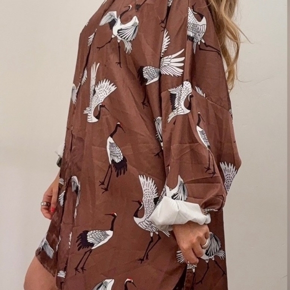 Dressed in LALA Brown Crane Print Button Down Shirt *TOP ONLY* - Picture 2 of 2